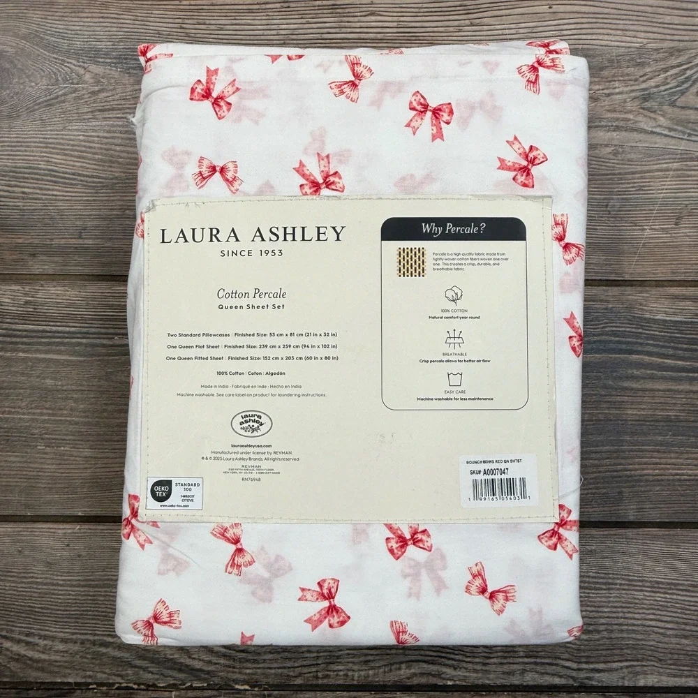 Laura Ashley Queen Sheet Set Cotton Percale Bouncy Bows‎ Red White 4pc A0007047